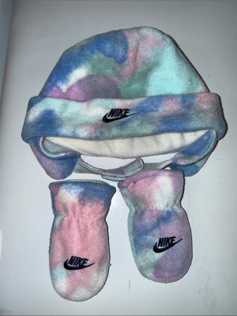 Nike Pastel Tie-Dye Fleece Hat and Mittens Set - Blue Pink Mint Purple